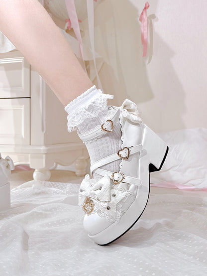 White Jirai Kei Platform Block Heels with Heart Buckles & Crisscross Bow Top - Transfer Student