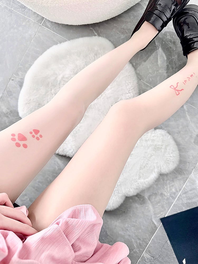 Tights Nude Design Paw Bow Kitty Pattern Tattoo