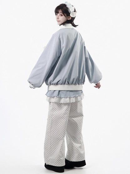 White Straight-Leg Trousers Featuring Light Blue Star Appliqué & Polka Dot Print - PINK SAVIOR