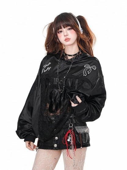 Black/White Bowknot Embroidery Contrast Lace Patches Loose Hoodie