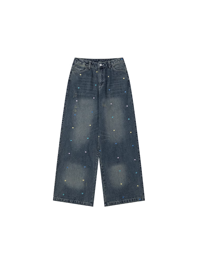 カラフルな水玉模様のダークブルーのダメージ加工ワイドレッグジーンズ