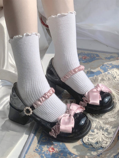 Heel Lolita Beaded Black Trim Ruffle Round - Pink with Buckle Toe PU Mary Sweet Janes Mid