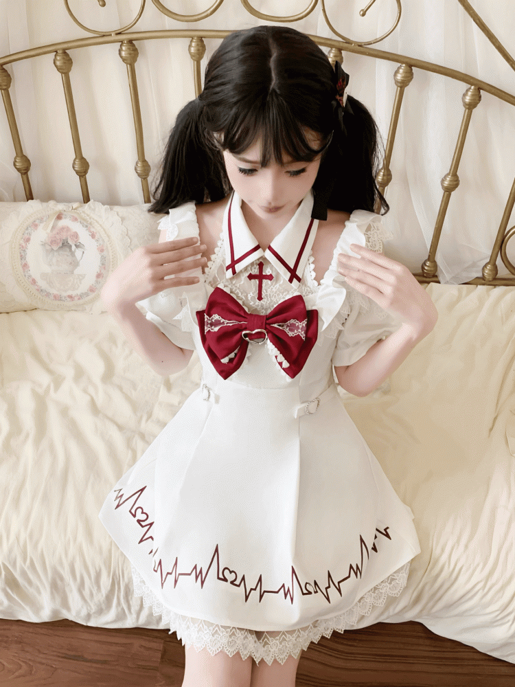 White Print Dress Lace Kawaii and Embroidered Skirt with Red Cross Shoulders Cutout Yami Heartbeat Halter