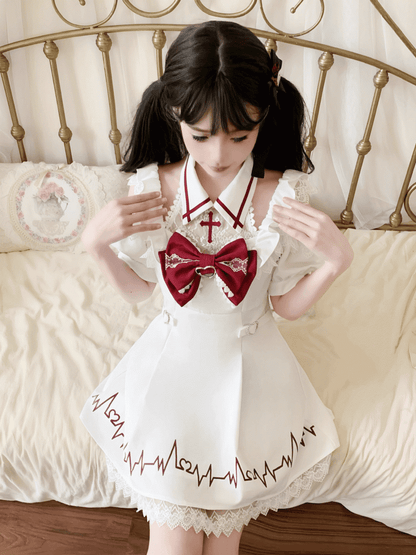 White Print Dress Lace Kawaii and Embroidered Skirt with Red Cross Shoulders Cutout Yami Heartbeat Halter