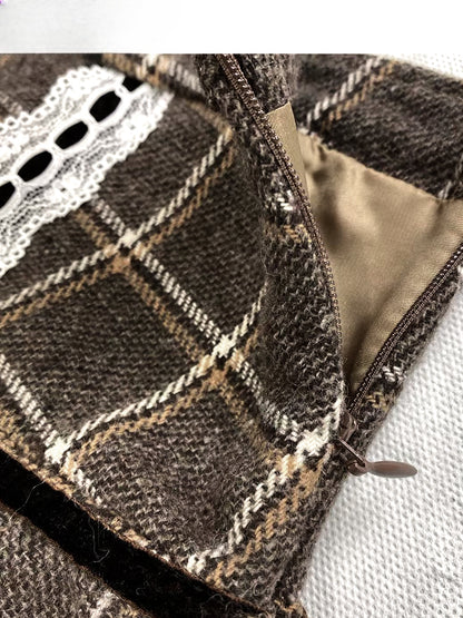 コーヒーチェック柄レースヘムティアードスカート