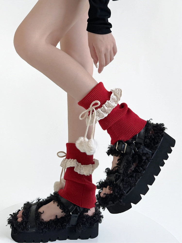 Lace Leg (7 Knit Colors) Ribbed Pom-Pom with Details Warmers