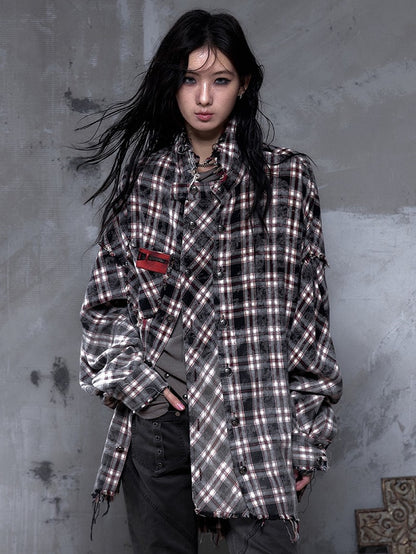 Faded Shirt Frayed Rock White Distressed Punk Edgy with Black Multi-Button Placket Hem Plaid