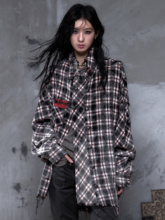 Faded Shirt Frayed Rock White Distressed Punk Edgy with Black Multi-Button Placket Hem Plaid