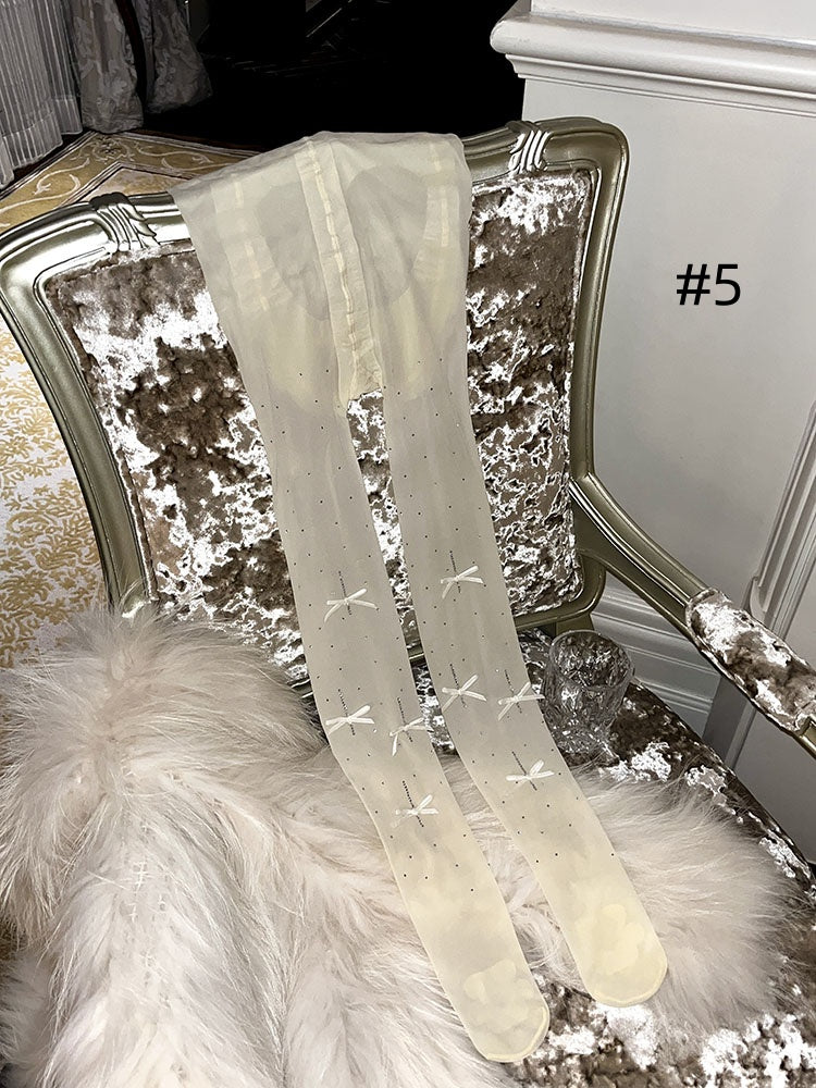 ラインストーンリボンドット柄タイツ