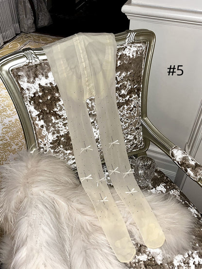 ラインストーンリボンドット柄タイツ