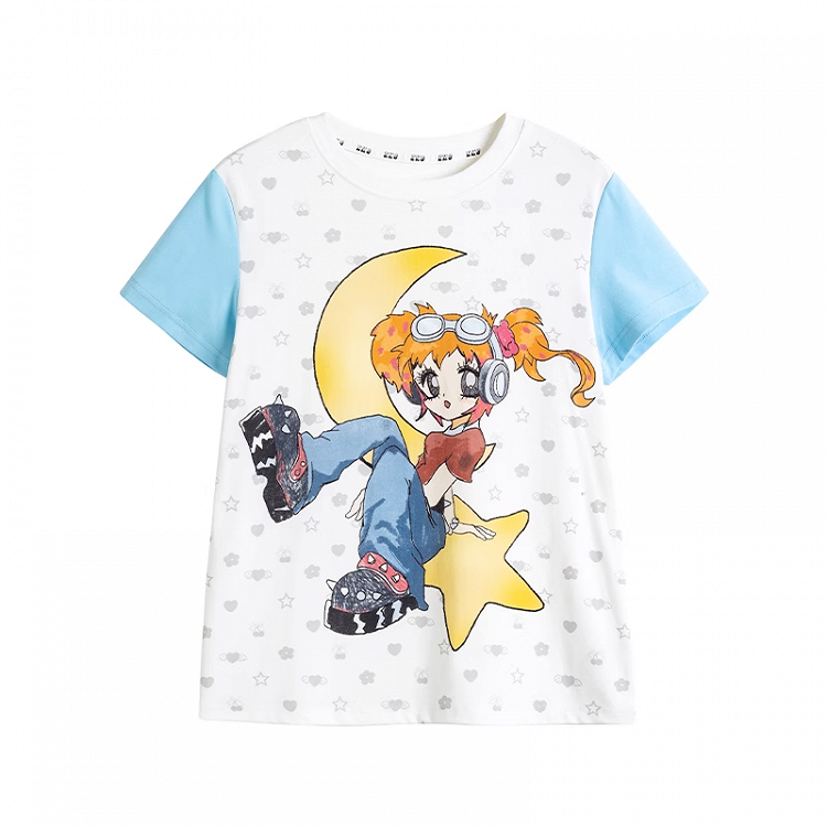 Cartoon Girl Y2K Blau Weiß Colorblock Design Print T-Shirt