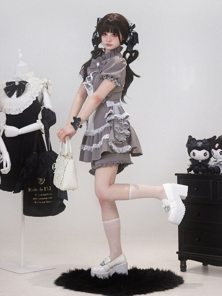 Dress Draped Sleeve Gothic Set: Kei Side Coord with Gray Jirai Puffy Train