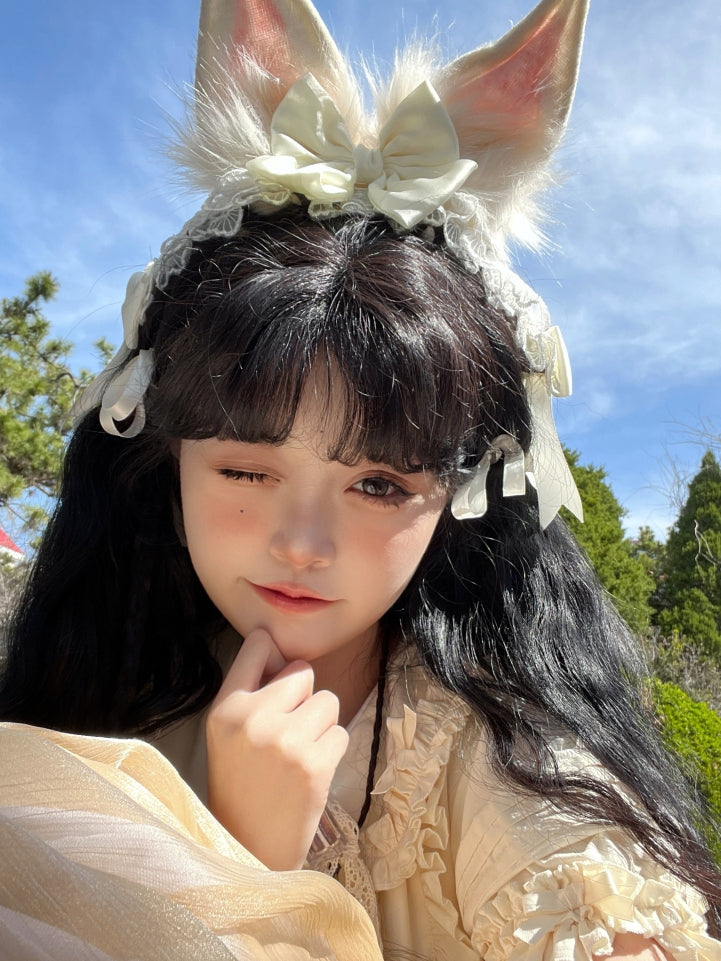 耳のディテールトリムレースホワイトバニーボウノットKC