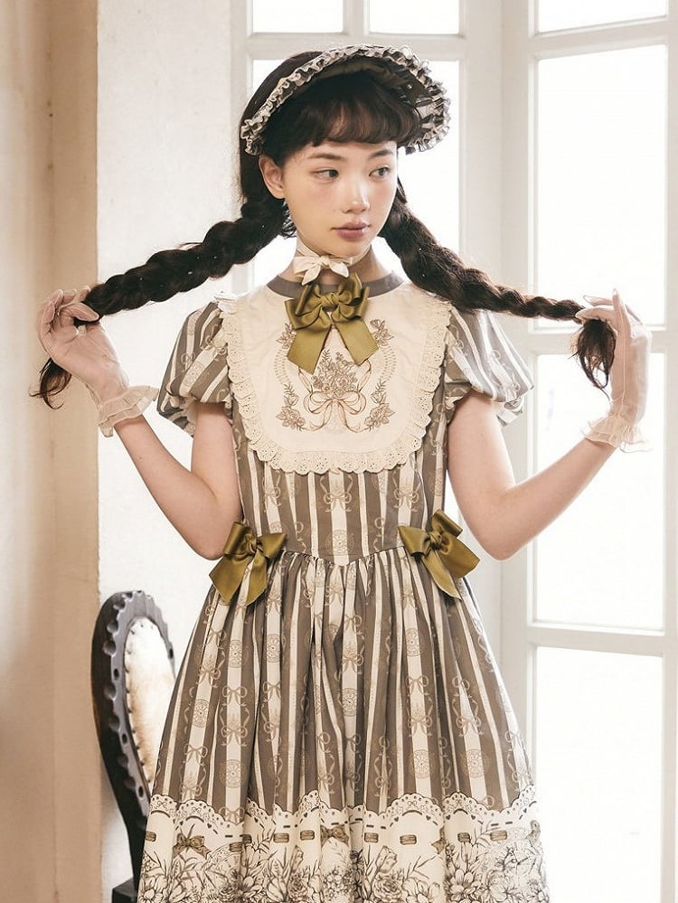 Accents and Bow Lolita Bonnet Bead Green Blue/Brown/White/Olive with