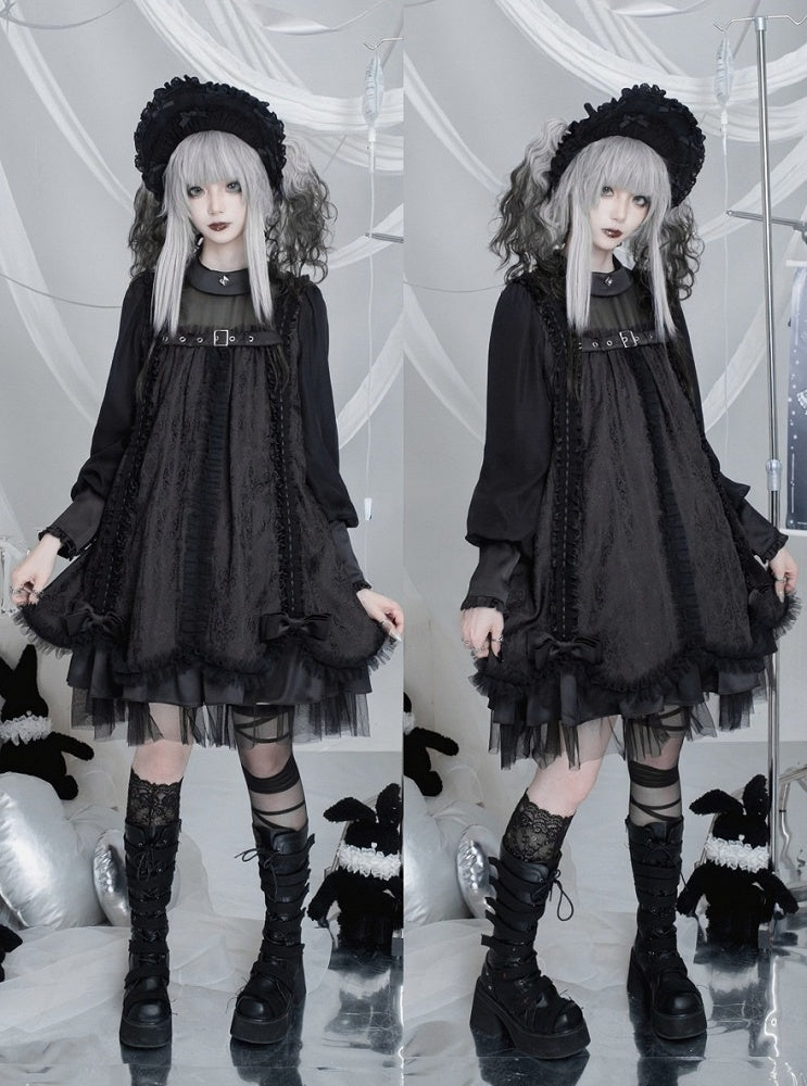 Black Gothic Lolita Pleated Dress with Round Collar, Lace and Metal Accents - Kuroya