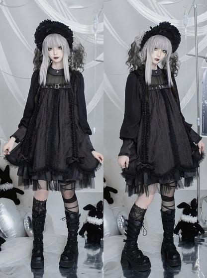 Black Gothic Lolita Pleated Dress with Round Collar, Lace and Metal Accents - Kuroya