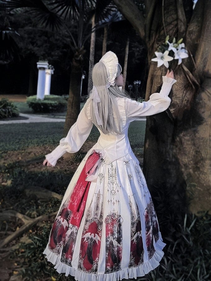 Skirt and White Set Angel Blouse Box Gothic Pleat Printed Ruffled Red