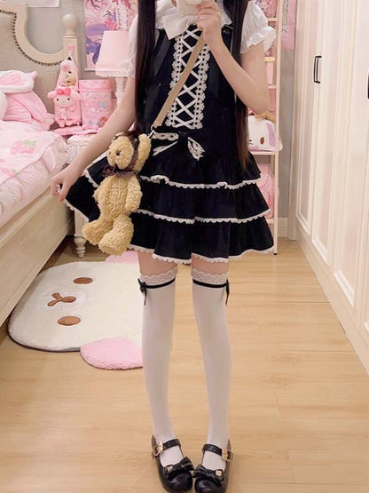 Ribbon Criss-cross Lolita Black Tiered Skirt Overall Design Dress Sweet