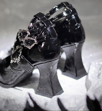 Textured Metal Cross Block Heels Buckles Punk in Black Coffin Chunky 8.5/5cm Gothic Toe with Pointed