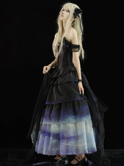 Black Top with Floral-Embellished Off-Shoulder Gradient Skirt Tiered Corset