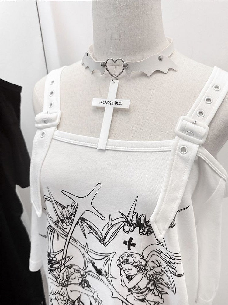 Black/White with T-shirt Gothic Off-Shoulder Choker Y2K Free Angel Heavenly