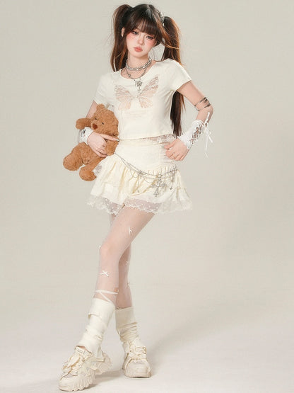 Spitzen-T-Shirt Butterfly Beige/Schwarz Glamorous Bittersweet