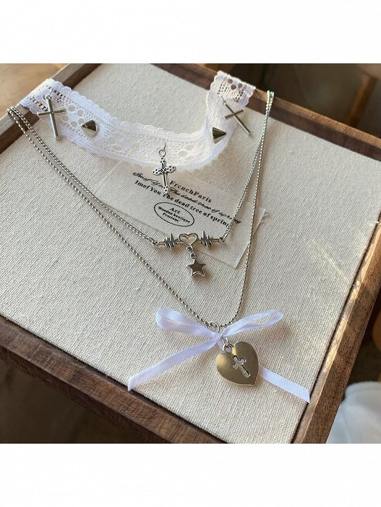 White Silver Layered Cross Choker with Lace and Bow - YSHXS