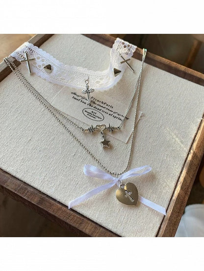 White Silver Layered Cross Choker with Lace and Bow - YSHXS