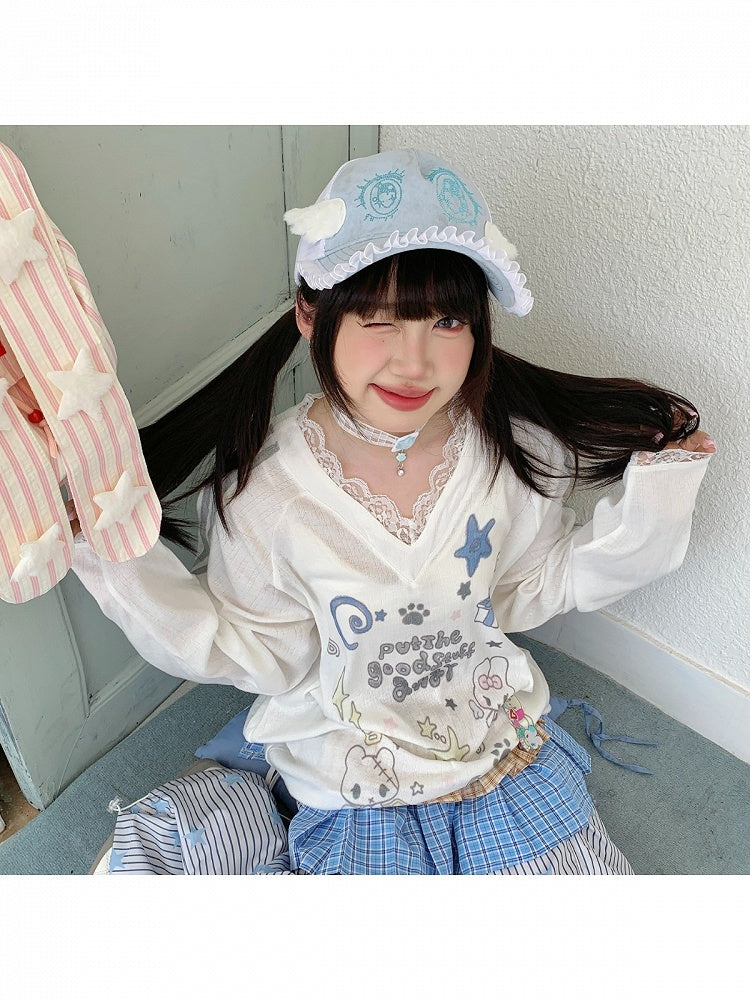 White/Blue Sheer Lace V-Neck Long Sleeve Top with Cartoon Print - Solkatt