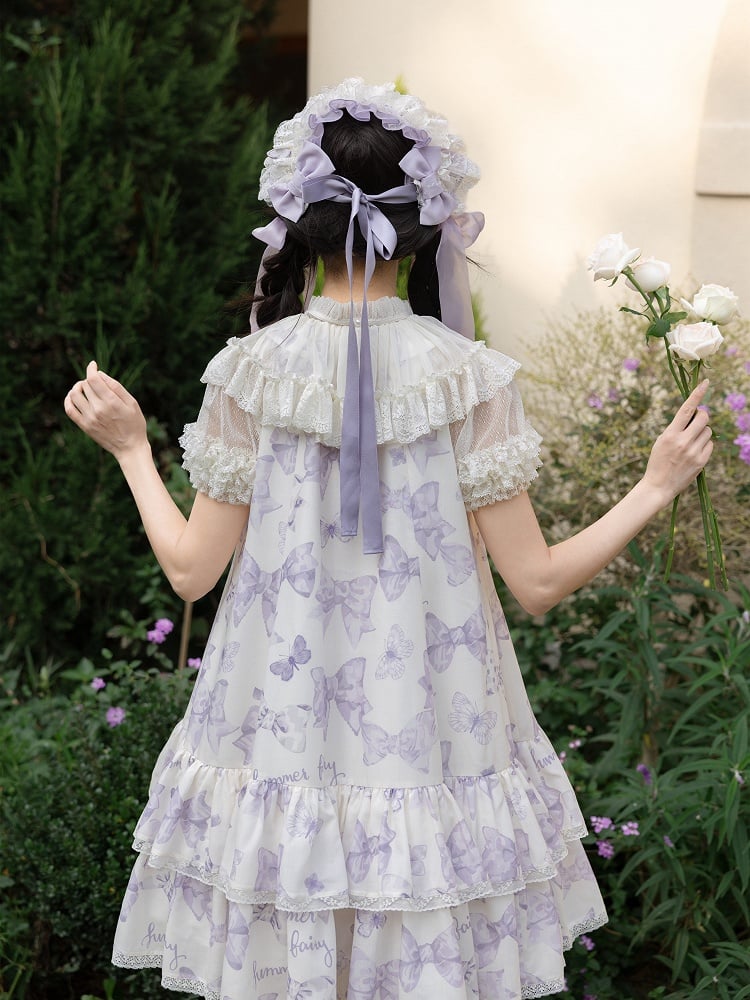 Purple Big Bowknot on Neckline Bows Print Double Layered Lolita Dress