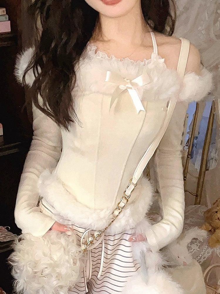 Creamy Off-Shoulder Knit Top With Faux Fur  Charming Bow Accent White