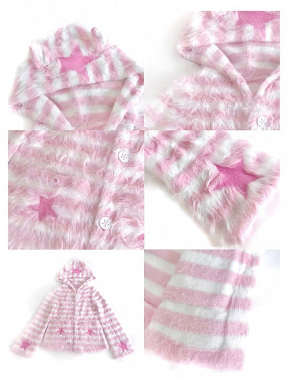 Jacket Striped Ear Hooded Star with White Cat Pink Accents Front Button-Up