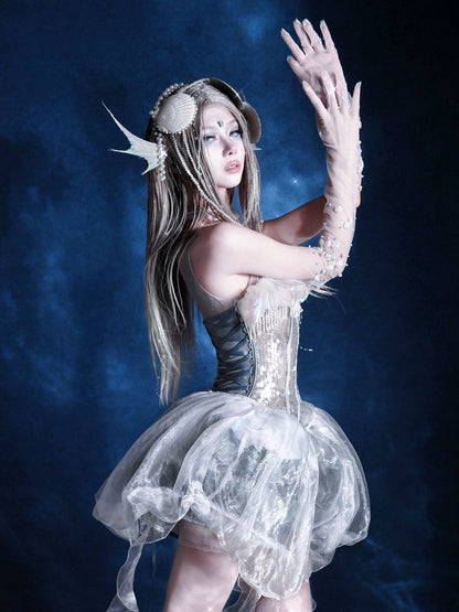 Pailletten Vogelkäfig + Quallen Kleid Overlay Korsett Stäbchen Saum Design Glänzend