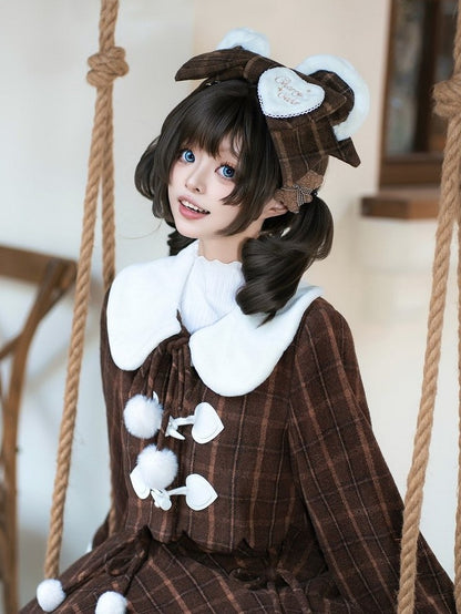 Accent Bear Brown/Blue with Hairclip Plaid Sweet Ear Lolita Heart-Shaped