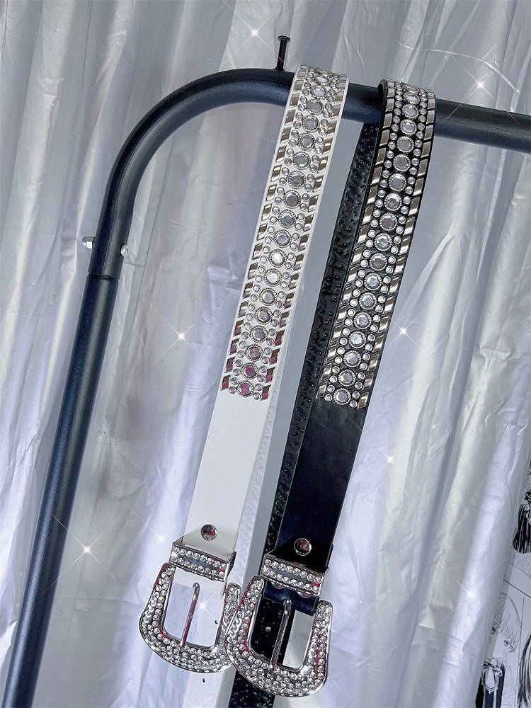 Punk Details Studs Waist Belt Decorated Rhinestone Black/White