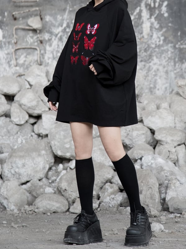 Flock Butterfly Dark Embroidery with Loose Delicate Romance Gothic Red Hoodie Black