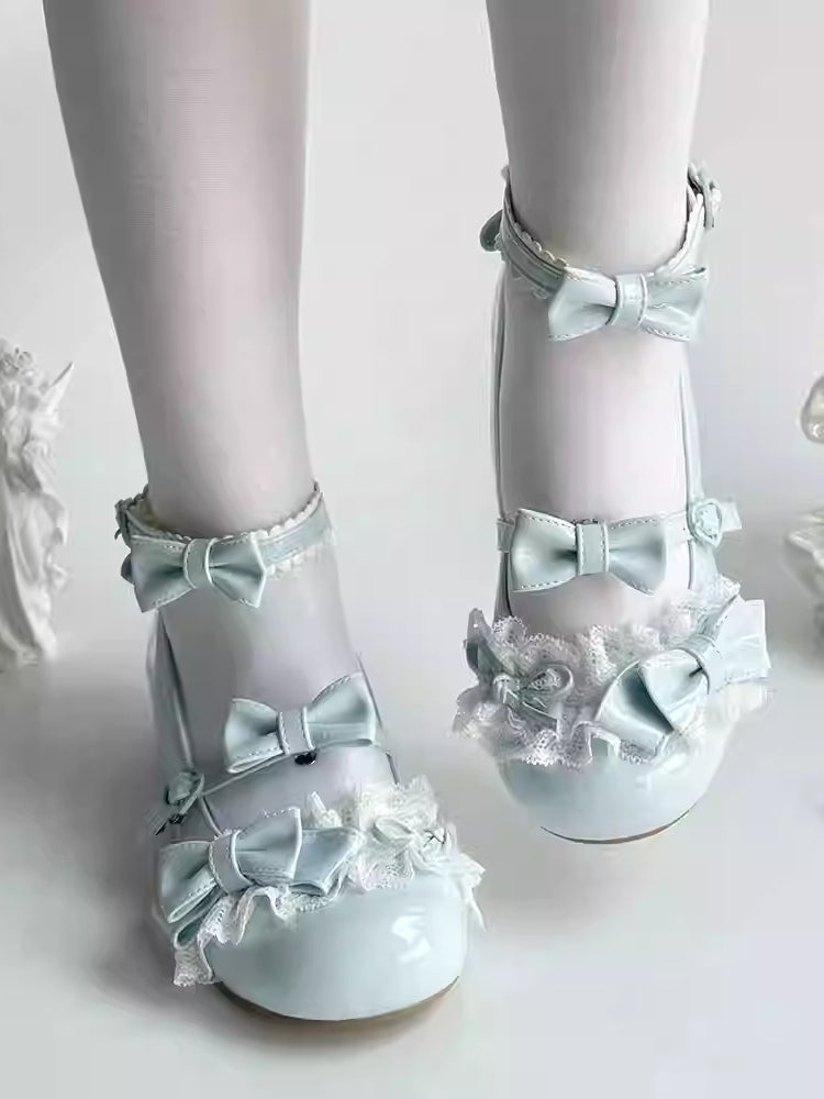 Lolita - Buckle Bow Details Jane Low Lace Shoes Heart-Shaped Mary with and Blue Heel Sweet