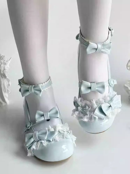 Lolita - Buckle Bow Details Jane Low Lace Shoes Heart-Shaped Mary with and Blue Heel Sweet