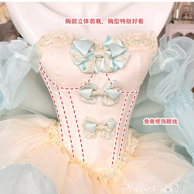 Grünes Mieder-Korsett-Oberteil mit Schleifenverzierung und bauschigem Rock, gelbes Balletcore-Set