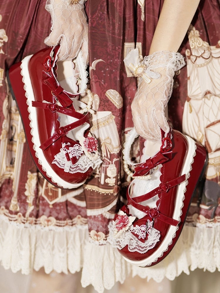 Floral at Lace Design Buckle Top Detachable With Heart Trim Chain Beaded Red Bow Platforms