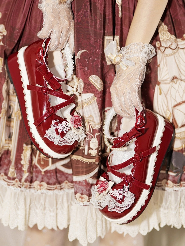 Design Trim Platforms Buckle Red Chain Bow Lace With Heart Detachable at Floral Beaded Top