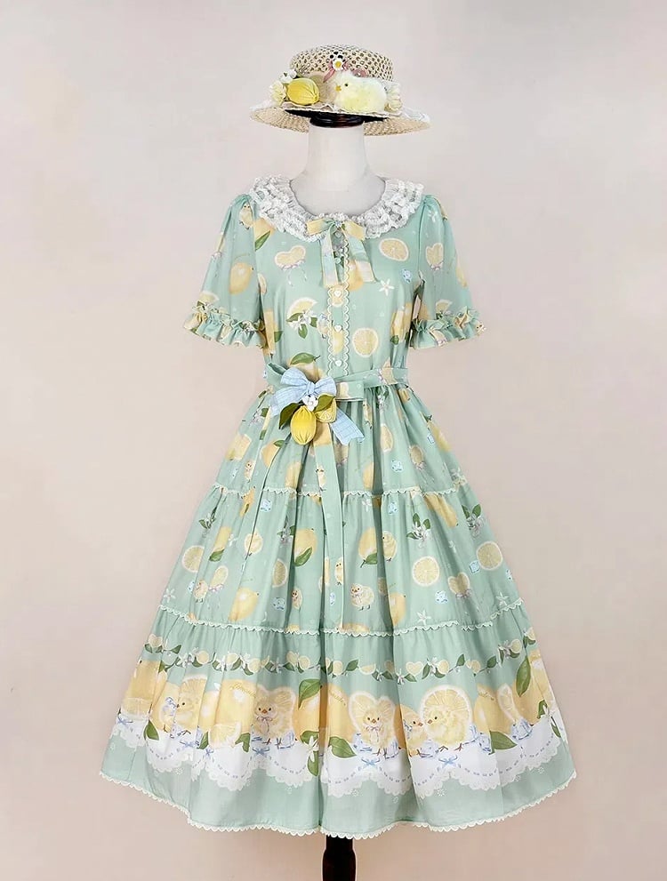 Summer and Print Spring for Chick Dress Green Lolita Short Sleeves Lemon
