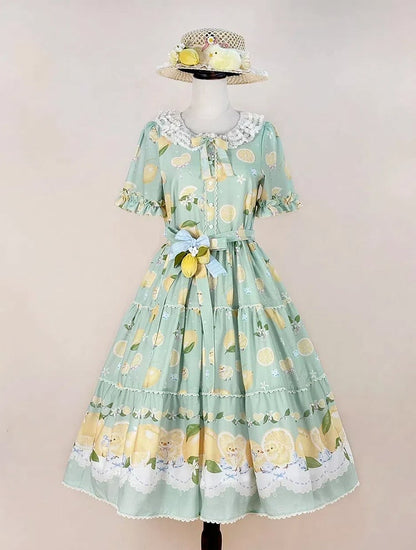 Summer and Print Spring for Chick Dress Green Lolita Short Sleeves Lemon