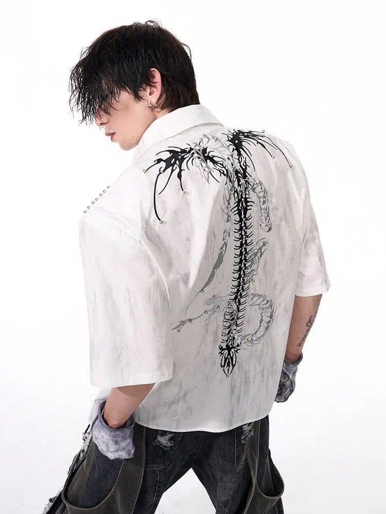 Shirt Detail Short-sleeved with Embroidery Unisex Snake White Bone Stud