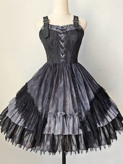 Buckle Feather Dress Panel Straps Shoulder Lace Skirt Gothic Black Lolita