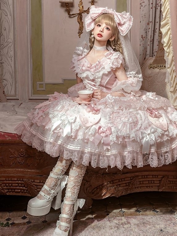 Layered with Lolita Bow Accents Sweet Dress and Ruffles Pink Lace