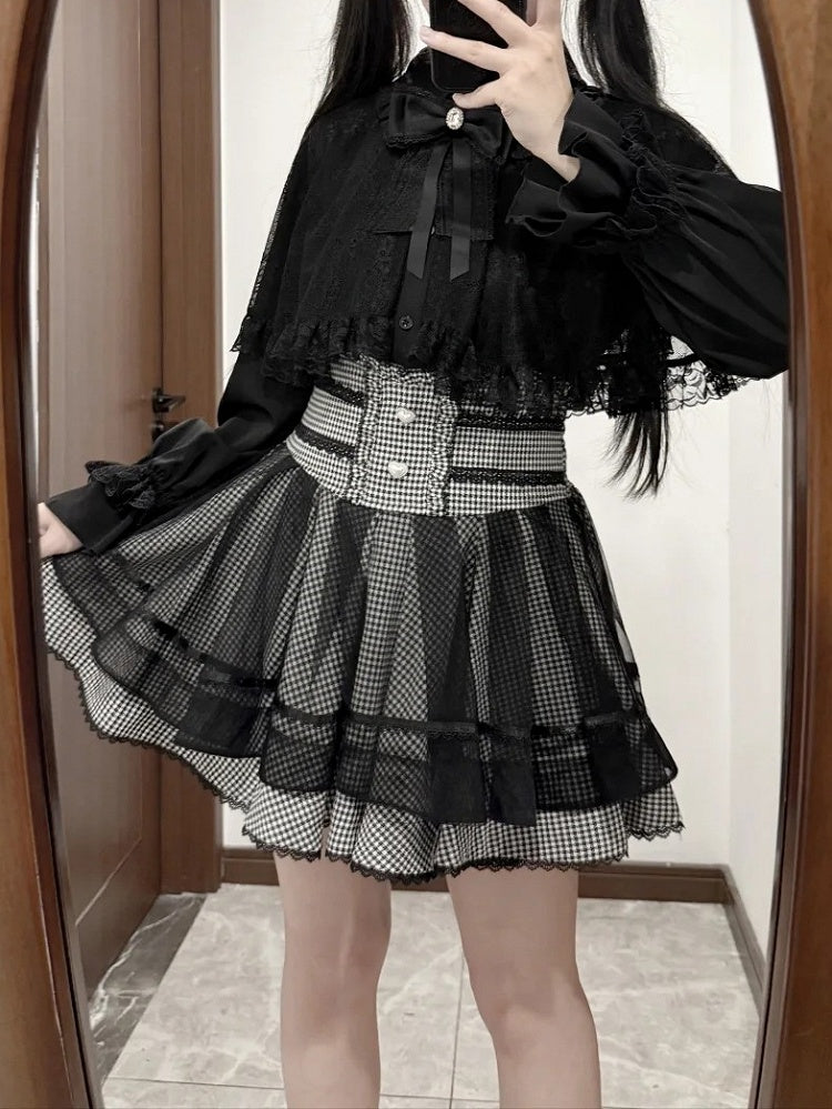 Tiered Kei - Button Black Heart Skirt Jirai White High-Waist Plaid Design Detailed