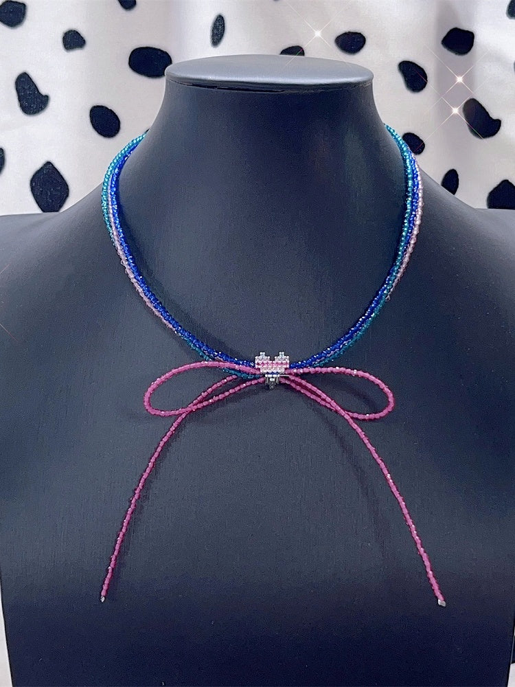 Design Choker Decorated Beaded Bowknot Colorful Heart Y2K