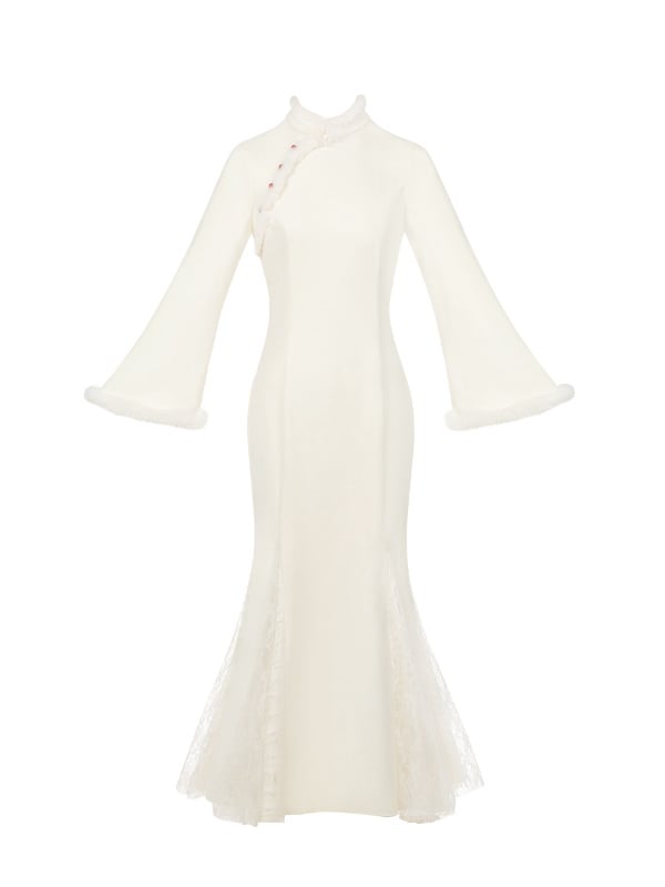 オフホワイトのプラッシュトリムチャイナドレスカラーとカフスマーメイドスカートチーパオ