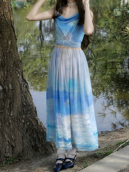 Blue Ocean Oil Painting Print Elegant Lolita Maxi Dress with Cowl Neckline and Tie Straps